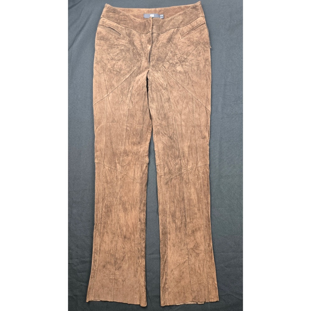 Y2K TCM Genuine Leather Brown Flared Pants‎ Women Size 12 Raw Hem